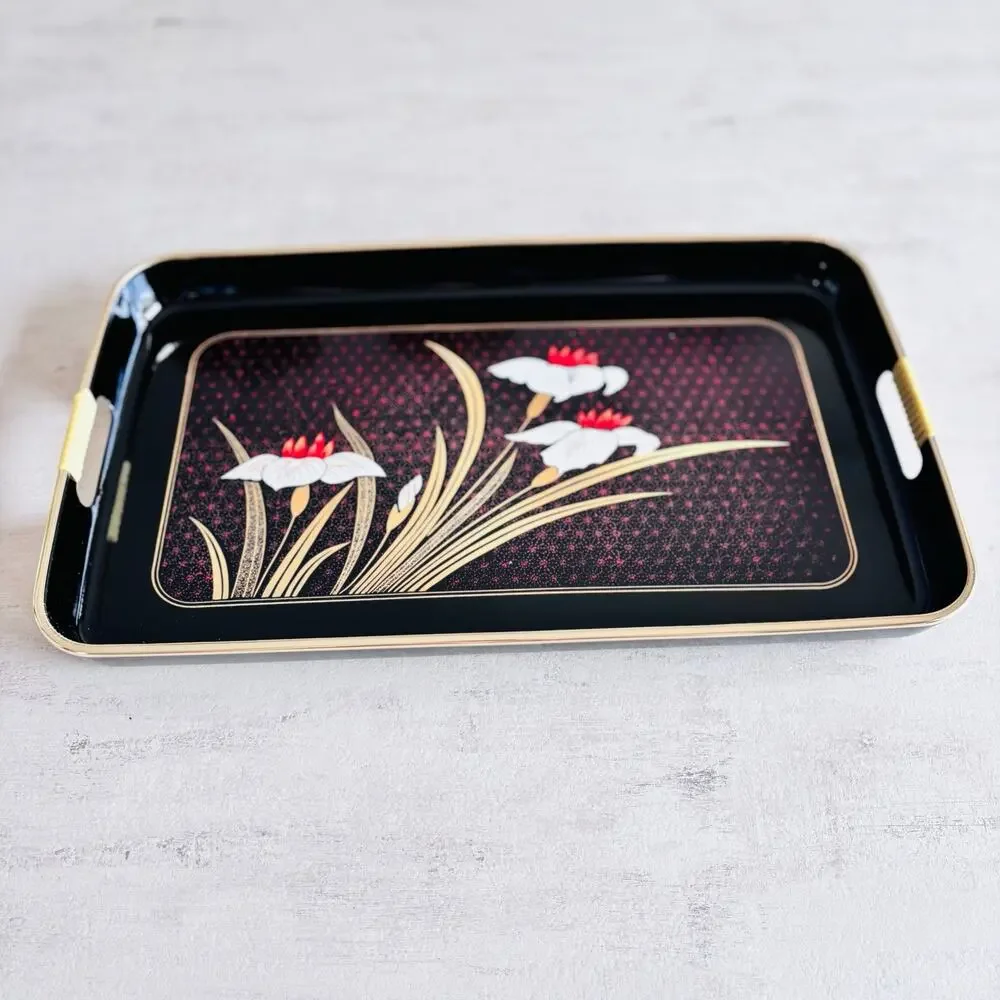 Otagiri Golden Mist Lacquer Service Tray Japan Black Gold Iris 18